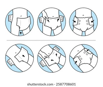 Icons set for Instruction of using diaper pants for adults. The outline icons are well scalable and editable. Contrasting vector elements are good for different backgrounds. EPS10.	