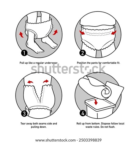 Icons set for instruction of using diaper pants. The outline icons are well scalable and editable. Contrasting vector elements are good for different backgrounds. EPS10.	