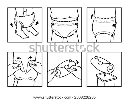 Icons set for instruction of using diaper pants. The outline icons are well scalable and editable. Contrasting vector elements are good for different backgrounds. EPS10.	