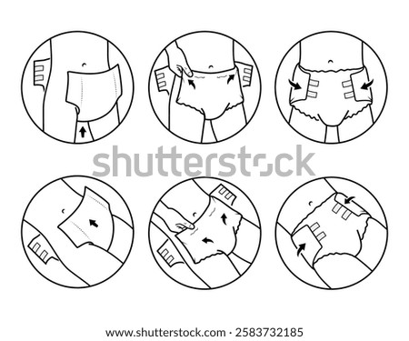 Icons set for instruction of using diaper pants. The outline icons are well scalable and editable. Contrasting vector elements are good for different backgrounds. EPS10.	