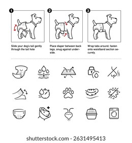 Icons set for instruction of using dogs diapers. Vector elements for infographics. Set of sign for detailed guideline. Ready for your design. EPS10.