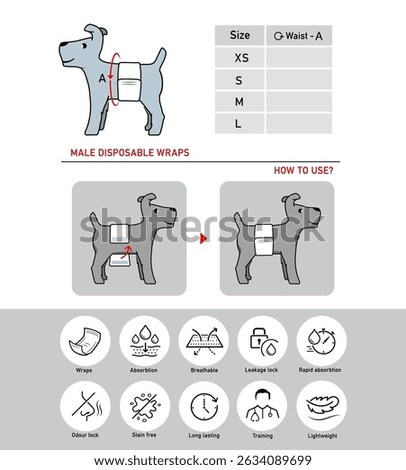 Icons set for instruction of using dogs male disposable wraps. Vector elements for infographics. Set of sign for detailed guideline. Ready for your design. EPS10.