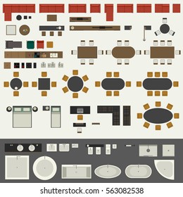 Icons set of interior elements, top view. Furniture and elements for living room, kitchen, bedroom, bathroom.