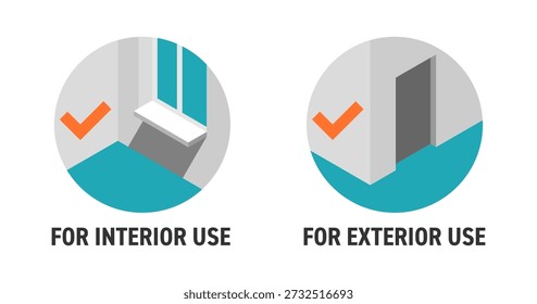 Icons set - interior and exterior use markings for paint, plaster, putty, and varnish applications. Clear visual labels indicating suitable surfaces and environments for construction and finishing