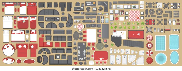 Icons set of interior. Furniture top view. Elements for the floor plan. (view from above). Furniture and elements for living room, bedroom, kitchen, bathroom, office.