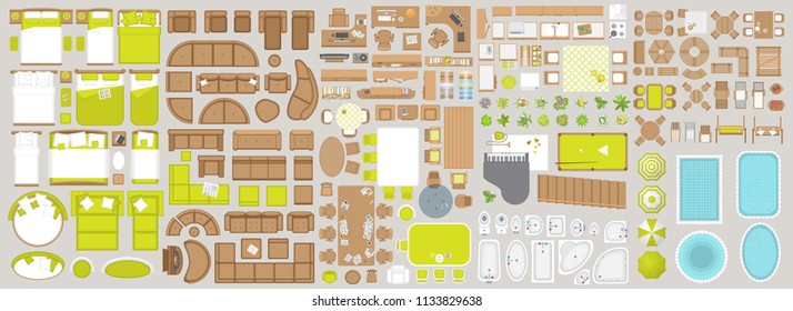 Icons set of interior. Furniture top view. Elements for the floor plan. (view from above). Furniture and elements for living room, bedroom, kitchen, bathroom, office.