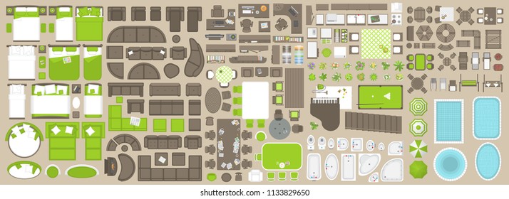 Icons set of interior. Furniture top view. Elements for the floor plan. (view from above). Furniture and elements for living room, bedroom, kitchen, bathroom, office.