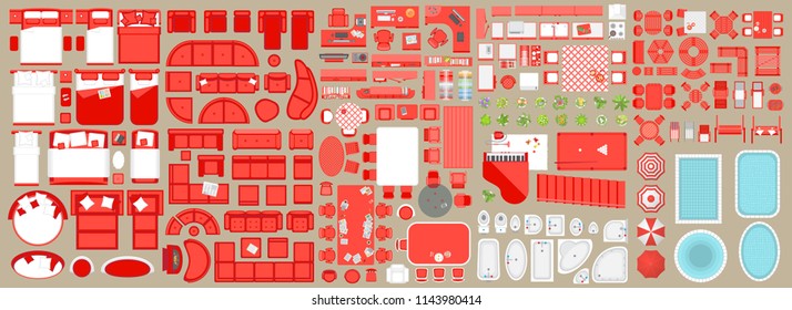 Icons set of interior. Furniture top view. Elements for the floor plan. (view from above). Furniture and elements for living room, bedroom, kitchen, bathroom, office.