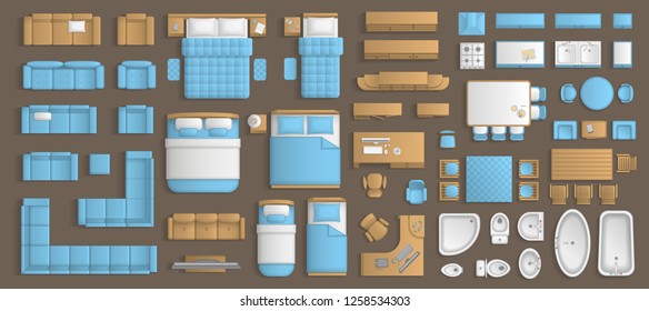 Icons set of interior. Furniture top view. Elements for the floor plan. (view from above). Furniture and elements for living room, bedroom, kitchen, bathroom, office.
