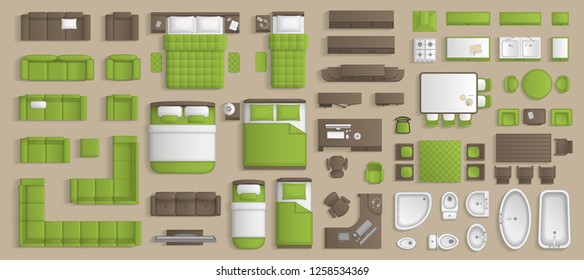 Icons set of interior. Furniture top view. Elements for the floor plan. (view from above). Furniture and elements for living room, bedroom, kitchen, bathroom, office.