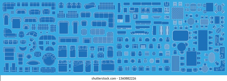 Icons set of interior. Furniture top view. Elements for the floor plan. (view from above). Furniture and elements for living room, bedroom, kitchen, office.
