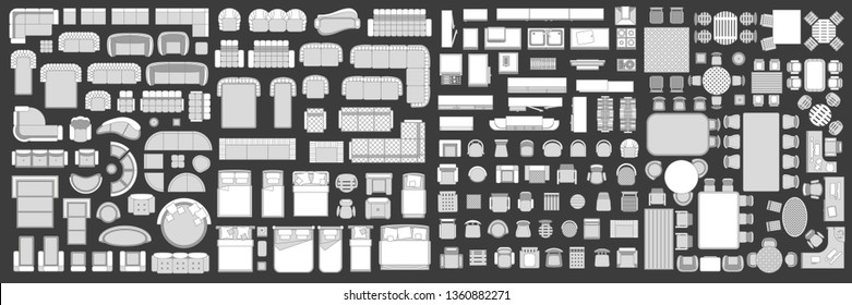 Iconos interiores. Vista superior del mobiliario. Elementos para el plan de planta. (vista desde arriba). Muebles y elementos para salón, dormitorio, cocina, oficina.