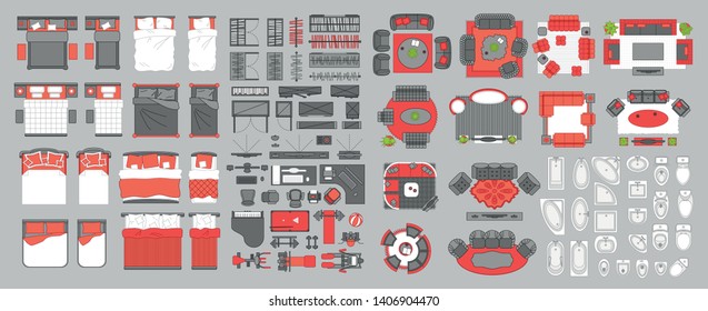 Icons set of interior. Furniture top view. Elements for the floor plan. (view from above). Furniture and elements for living room, bedroom,  bathroom, office.