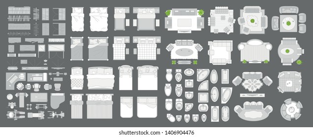 Icons set of interior. Furniture top view. Elements for the floor plan. (view from above). Furniture and elements for living room, bedroom,  bathroom, office.