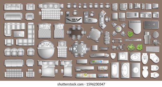 Icons set of interior. Furniture top view. Elements for the floor plan. (view from above). Furniture and elements for living room, bedroom, kitchen, bathroom, office.