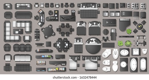 Icons set of interior. Furniture top view. Elements for the floor plan. (view from above). Furniture and elements for living room, bedroom, kitchen, bathroom, office.