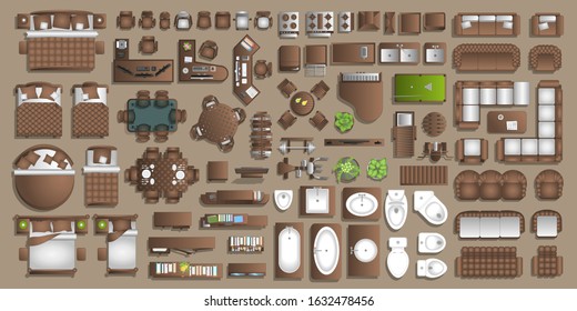 Icons set of interior. Furniture top view. Elements for the floor plan. (view from above). Furniture and elements for living room, bedroom, kitchen, bathroom, office.