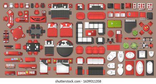 Icons set of interior. Furniture top view. Elements for the floor plan. (view from above). Furniture and elements for living room, bedroom, kitchen, bathroom, office.