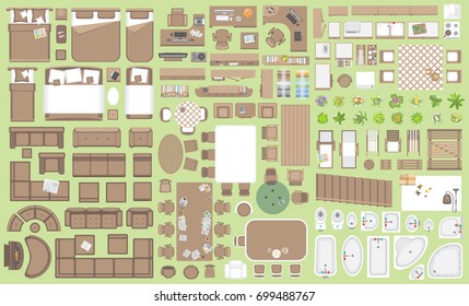 Icons set of interior. Furniture top view. Elements for the floor plan. (view from above). Furniture and elements for living room, bedroom, kitchen, bathroom, office.
