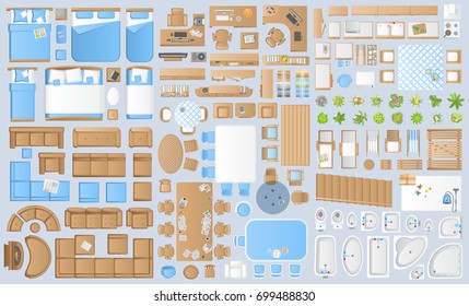 Icons set of interior. Furniture top view. Elements for the floor plan. (view from above). Furniture and elements for living room, bedroom, kitchen, bathroom, office.