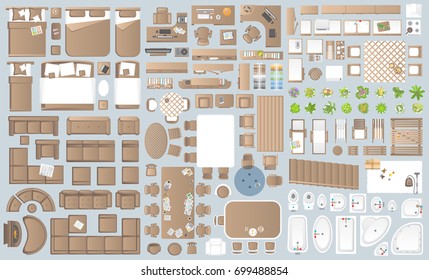 Icons set of interior. Furniture top view. Elements for the floor plan. (view from above). Furniture and elements for living room, bedroom, kitchen, bathroom, office.