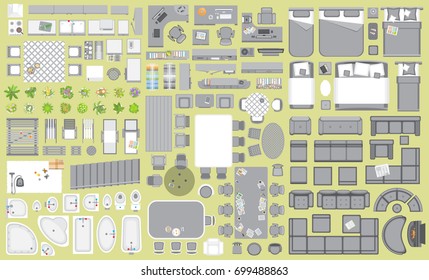 Icons set of interior. Furniture top view. Elements for the floor plan. (view from above). Furniture and elements for living room, bedroom, kitchen, bathroom, office.