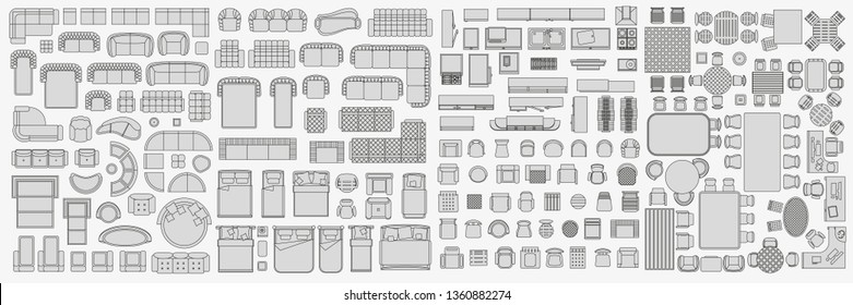 Icons set of interior (top view). Isolated Vector Illustration. Furniture and elements for living room, bedroom, kitchen, bathroom. Floor plan (view from above). Furniture store.