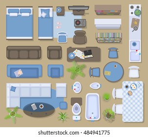 Icons set of interior (top view). Isolated Vector Illustration. 
Furniture and elements for living room, bedroom, kitchen, bathroom.
Floor plan (view from above). Furniture store.