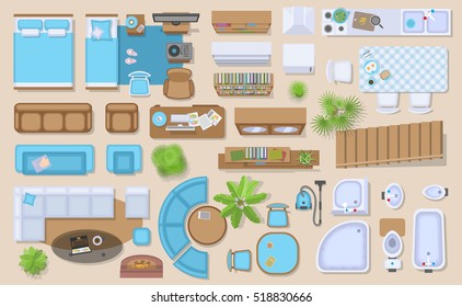 Icons set of interior (top view). Isolated Vector Illustration. Furniture and elements for living room, bedroom, kitchen, bathroom. Floor plan (view from above). Furniture store.