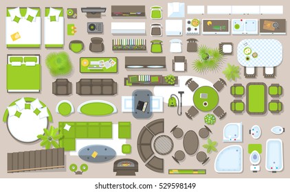 Icons set of interior (top view). Isolated Vector Illustration. Furniture and elements for living room, bedroom, kitchen, bathroom. Floor plan (view from above). Furniture store.