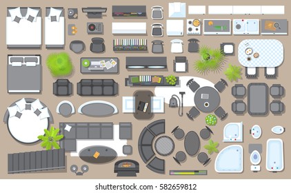 Icons set of interior (top view). Isolated Vector Illustration. Furniture and elements for living room, bedroom, kitchen, bathroom. Floor plan (view from above). Furniture store.
