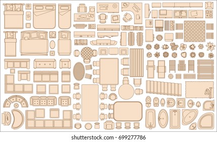 Icons set of interior (top view). Isolated Vector Illustration. Furniture and elements for living room, bedroom, kitchen, bathroom. Floor plan (view from above). Furniture store.