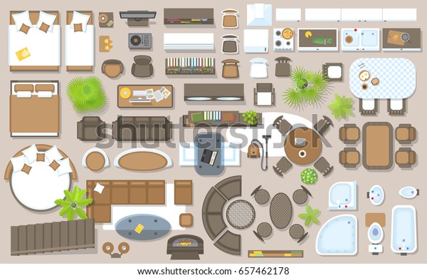 内部 上面図のアイコンセット 分離型ベクターイラスト リビングルーム 寝室 キッチン 浴室用の家具とエレメント 平面図 上から見る 家具屋 のベクター画像素材 ロイヤリティフリー