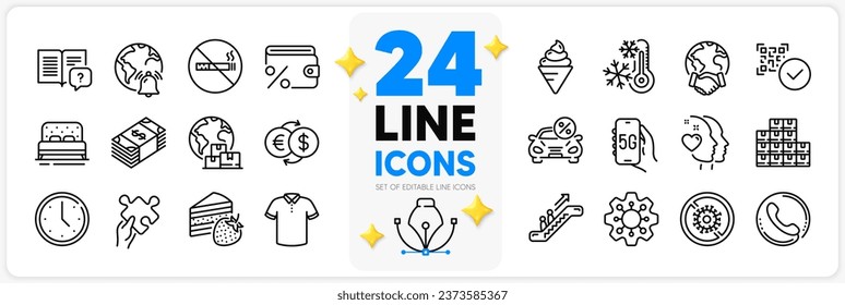 Icons set of Internet notification, Bed and International delivery line icons pack for app with Escalator, Ice cream, Time thin outline icon. Puzzle, Money exchange, Car leasing pictogram. Vector