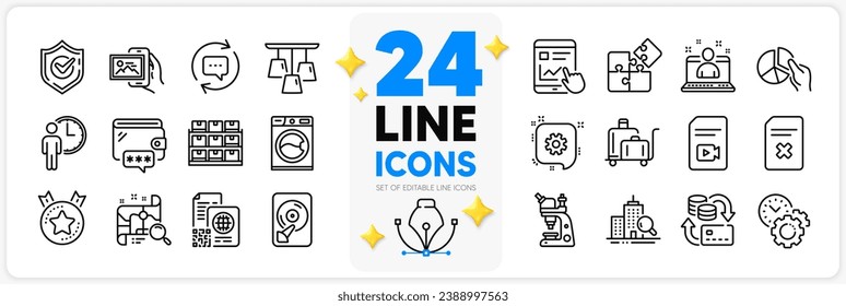 Icons set of Internet report, Ceiling lamp and Update comments line icons pack for app with Storage, Ranking star, Puzzle thin outline icon. Best manager, Money change, Microscope pictogram. Vector