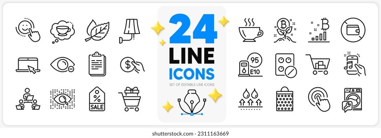 Icons set of Internet shopping, Portable computer and Waterproof line icons pack for app with Bitcoin graph, Teamwork, Music phone thin outline icon. Bitcoin project, Wallet. Vector