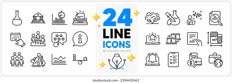 Conjunto de iconos de Entrevista, Global business y Ranking star iconos de línea para la aplicación con podio de negocio, Informe de contabilidad, Icono de esquema delgado Salario. Plano de planta, Información, pictograma de construcción de tribunal. Vector
