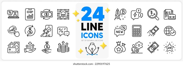 Icons set of Job, Currency Audit und Fast Payment Line Icons Pack für App mit Geld, Report-Dokument, Online-Darlehen dünnen Umriss Icon. Bitcoin, World Statistics, New Piktogramm. Vektorgrafik