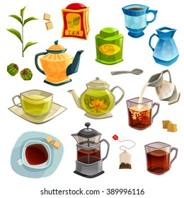 Icons set with kinds of tea brewing methods and accessories for tea isolated on white background vector illustration