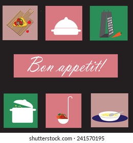  Icons set with kitchenware and text Bon appetit. In french means enjoy your meal.