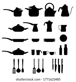 Icons set Kitchenware and utensils. Set of black silhouette vector cooking icons, isolated on white background, on Kitchenware theme. Cooking and serving of dishes. Flat modern vector illustration