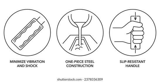 Icons set for labeling of working tools such as hammer, pilers or sledge - minimize vibration and shock, one-piece steel construction, slip-resistant handle.

Handmade pictograms, without any AI tools