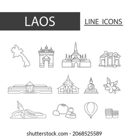 Icons set of Laos black thin line. Set of map, architecture, tradition and more.