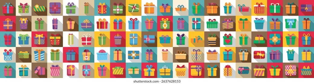  icons set. Large collection of colorful gift box icons in a variety of shapes, sizes, and patterns, perfect for representing presents and celebrations