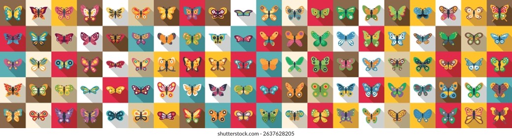  icons set. Large collection of colorful butterfly icons showcasing diverse wing patterns and colors, perfect for nature, wildlife, and design projects
