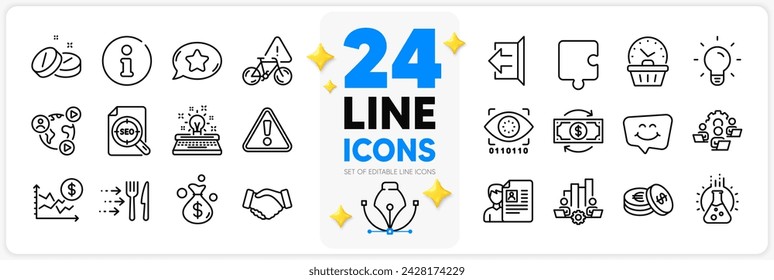 Icons set of Last minute, Chemistry lab and Seo file line icons pack for app with Typewriter, Medical tablet, Puzzle thin outline icon. Bike attention, Teamwork chart, Teamwork pictogram. Vector