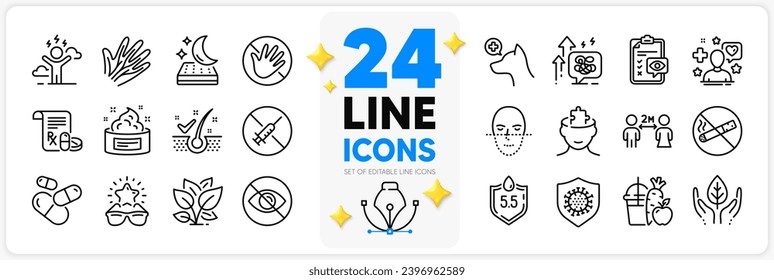 Icons set of Leaf, Mental conundrum and Juice line icons pack for app with Veterinary clinic, Face recognition, Fair trade thin outline icon. Best glasses, Capsule pill. Design with 3d stars. Vector