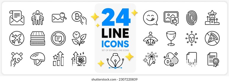 Icons set of Leaves, Fireworks and Yummy smile line icons pack for app with Cholecalciferol, Glass, Prohibit food thin outline icon. Vip podium, Stop talking, Mail newsletter pictogram. Vector