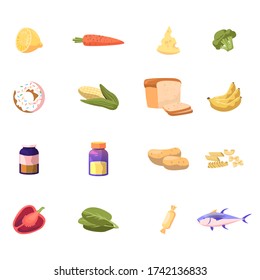 Iconos con limón, arrozal y queso, brócoli, donut y maíz con pan. Banana, botella de vitamina y papa. Pastas, Pepper Campana y Pescado de Atún Aislados de Fondo Blanco. Ilustración del vector de dibujos animados