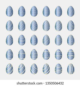 Icons set of light blue metallic Easter eggs with striped and dotted patterns. Vector decorative elements for design holiday greeting cards, invitations, announcements